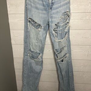 American Eagle Outfitters Light Blue Distressed Baggy Straight Leg Jeans